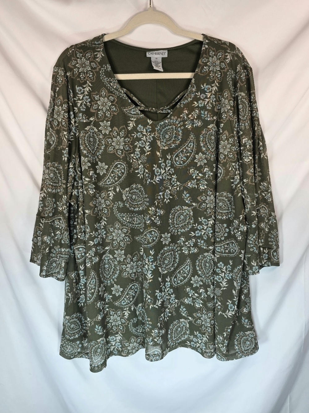Catherines 3X Blouse Olive Green Paisley Crisscross V-Neck Boho Tiered Sleeves